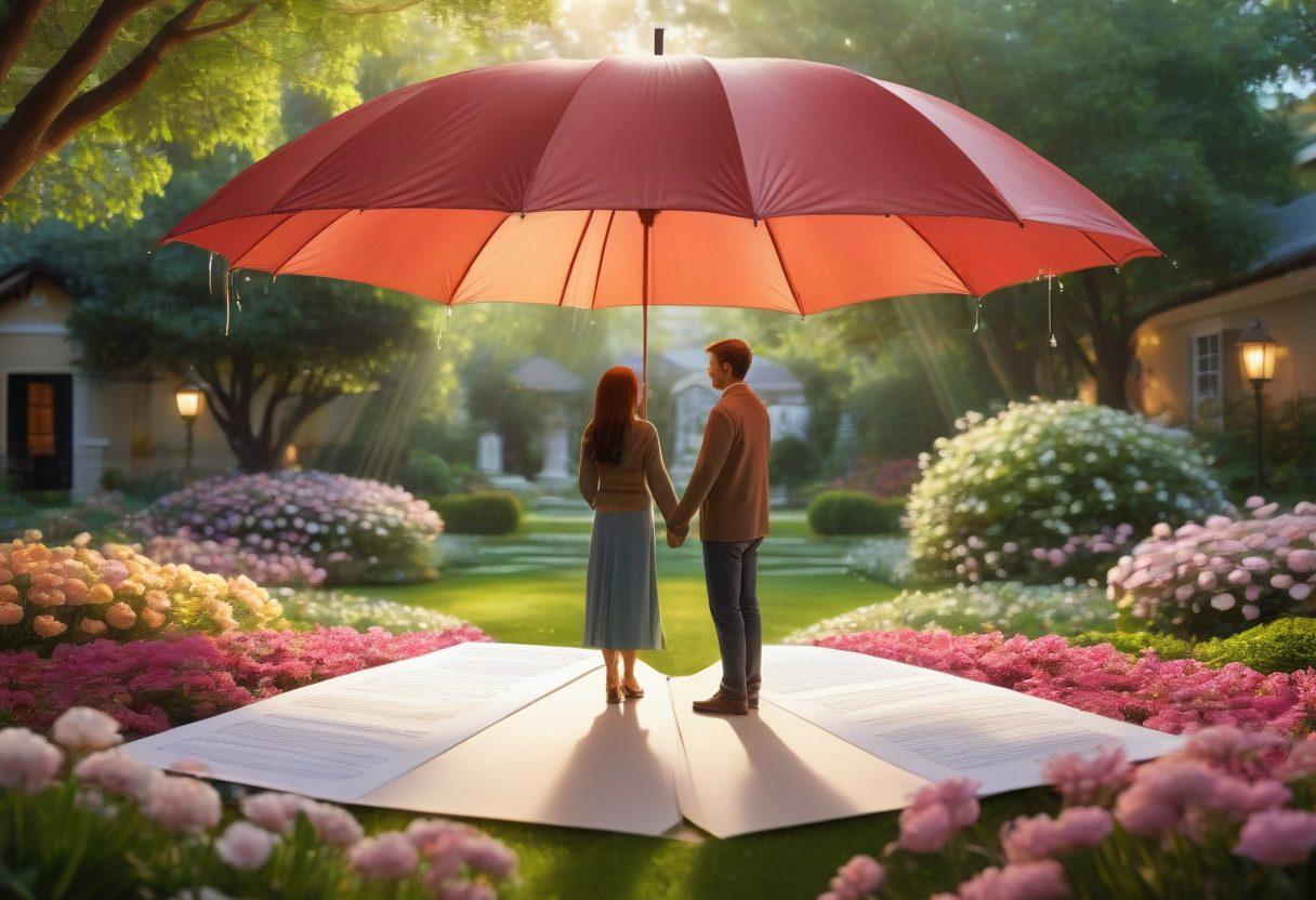 A couple holding hands standing under an umbrella shaped like a heart, surrounded by floating insurance documents and shields symbolizing protection. Soft glowing light reflects warmth and love. The background shows a serene garden with blooming flowers representing growth and care. super-realistic. vibrant colors. soft focus.